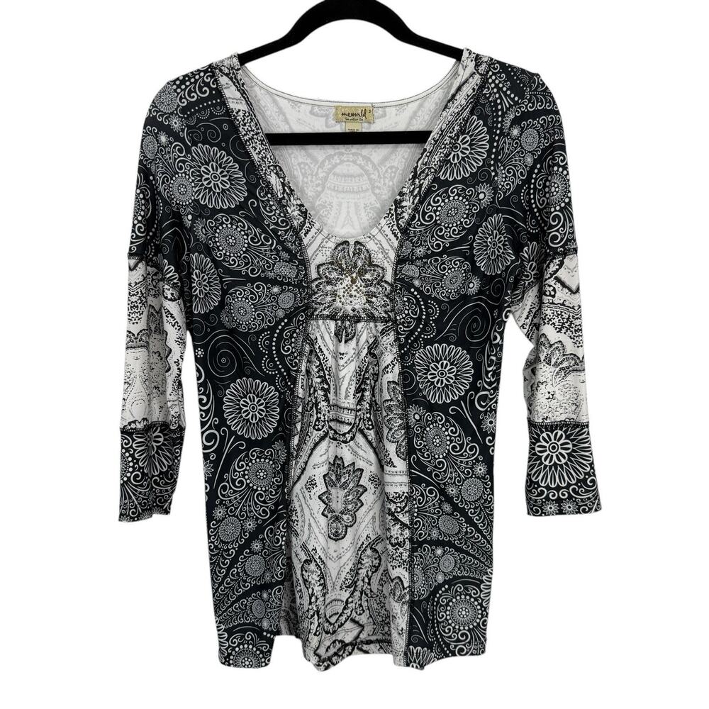 One World Tunic Smal Sequined Black Floral 3/4 Sleeve Scoopneck Stretch - Picture 7 of 7